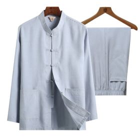 Men's 2 Pieces Cotton Linen Shirt and Pants Beach Yoga Top (Color: Blue, size: L)