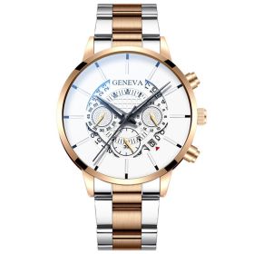 Men's Three Eyes Gold Steel Band Calendar Quartz Watch (Color: Between golden strips and white noodles)
